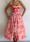Solid Color Sexy U-neck Waist Pleated Sling Dress