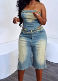 Fashion Raw Edge Wrap Top High Waist Denim Shorts Two Piece Set