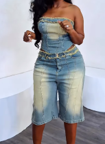 Fashion Raw Edge Wrap Top High Waist Denim Shorts Two Piece Set