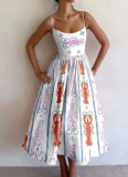 Solid Color Sexy U-neck Waist Pleated Sling Dress