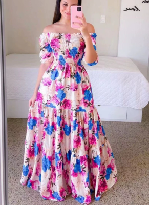 Fashion Printed One Shoulder Floral Long Dress