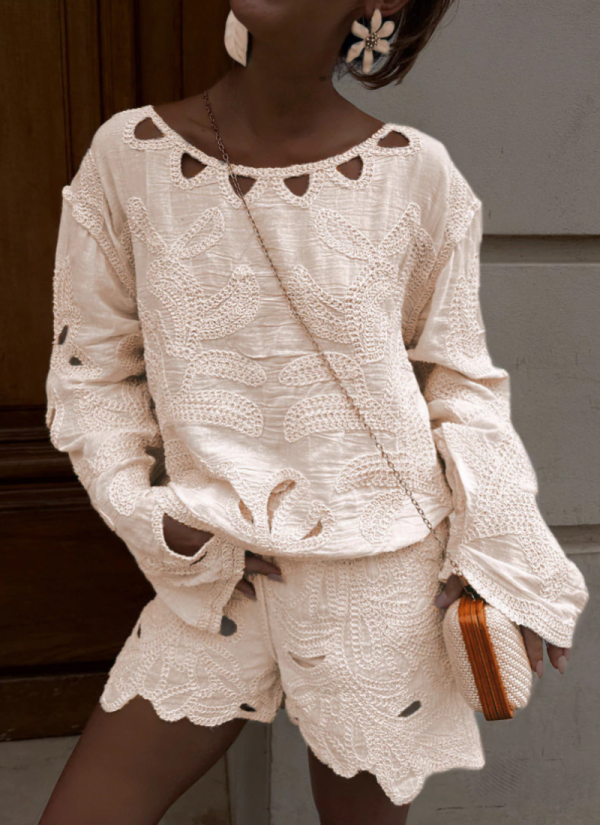 Hook-and-loop French Embroidery Cotton Shorts Suit