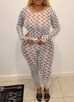 Sexy See-Through Round Neck Moon Print Slim Fit Long Sleeve Top and Pants Set