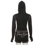 Casual Leopard Print Slim Fit Hooded Zip-Up Top High Waist Shorts Set
