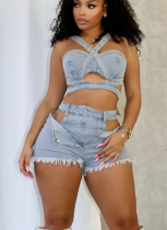 Casual Sexy Vest Washed Stretch Denim Frayed Edge Hollow Shorts Set