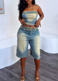 Fashion Raw Edge Wrap Top High Waist Denim Shorts Two Piece Set