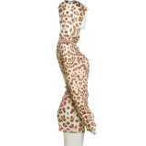 Casual Leopard Print Slim Fit Hooded Zip-Up Top High Waist Shorts Set