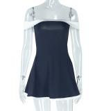 Black and White Colorblocked One-shoulder Raglan Sleeve Halter Back Dress