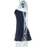 Black and White Colorblocked One-shoulder Raglan Sleeve Halter Back Dress