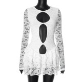 Sexy Hollow Lace Long Sleeve Ruffled Hip Dress