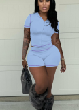 Leisure Sports Zipper Hooded Cardigan High Elastic Short Sleeve Shorts Two-piece Set