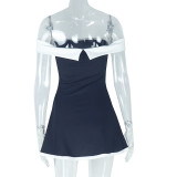 Black and White Colorblocked One-shoulder Raglan Sleeve Halter Back Dress