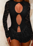 Sexy Hollow Lace Long Sleeve Ruffled Hip Dress
