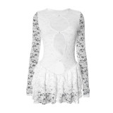 Sexy Hollow Lace Long Sleeve Ruffled Hip Dress