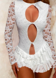 Sexy Hollow Lace Long Sleeve Ruffled Hip Dress