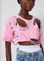 Fashion Round Neck Ripped Pin Design Short T-shirt