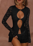 Sexy Hollow Lace Long Sleeve Ruffled Hip Dress