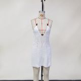 Sexy Knitted Hollow V-neck Halter Neck Backless Lace-up Beach Dress