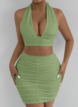 V-Neck Halter Neck Navel-Baring Vest Sexy Pleated Hip Skirt Two-Piece Set