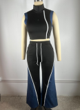 Women'S Denim Patchwork Sleeveless High Collar Vest Wide Leg Pants Two Piece Suit