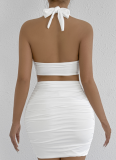 V-Neck Halter Neck Navel-Baring Vest Sexy Pleated Hip Skirt Two-Piece Set