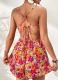Spring And Summer Holiday Style New Floral Square Neck Halter Back Dress For Women