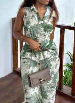 Green Sleeveless Lapel Printed Vest Loose Wide-Leg Casual Trousers Two-Piece Suit For Women