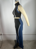 Women'S Denim Patchwork Sleeveless High Collar Vest Wide Leg Pants Two Piece Suit