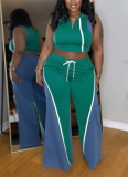 Women'S Denim Patchwork Sleeveless High Collar Vest Wide Leg Pants Two Piece Suit