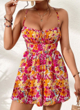 Spring And Summer Holiday Style New Floral Square Neck Halter Back Dress For Women