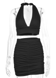V-Neck Halter Neck Navel-Baring Vest Sexy Pleated Hip Skirt Two-Piece Set