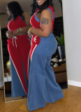 Women'S Denim Patchwork Sleeveless High Collar Vest Wide Leg Pants Two Piece Suit