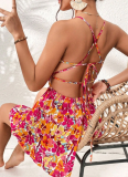 Spring And Summer Holiday Style New Floral Square Neck Halter Back Dress For Women