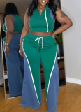 Women'S Denim Patchwork Sleeveless High Collar Vest Wide Leg Pants Two Piece Suit