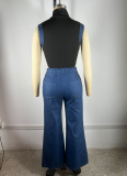 Women'S Denim Patchwork Sleeveless High Collar Vest Wide Leg Pants Two Piece Suit