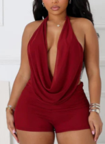 Red Sexy Lace-Up Halter Neck Net Yarn Solid Color Tight Jumpsuit Shorts For Women
