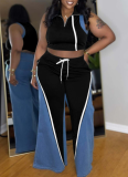 Women'S Denim Patchwork Sleeveless High Collar Vest Wide Leg Pants Two Piece Suit