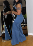 Women'S Denim Patchwork Sleeveless High Collar Vest Wide Leg Pants Two Piece Suit