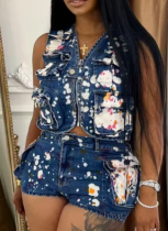 Women'S Multi-Pocket Vest Ink-Splashed Shorts Stretch Denim Two-Piece Suit