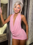 Sexy Solid Color Halter Neck Deep V Neck Revealing Backpack Hip Short Skirt Two Piece Set