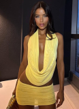 Sexy Solid Color Halter Neck Deep V Neck Revealing Backpack Hip Short Skirt Two Piece Set