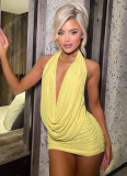 Sexy Solid Color Halter Neck Deep V Neck Revealing Backpack Hip Short Skirt Two Piece Set