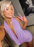 Sexy Solid Color Halter Neck Deep V Neck Revealing Backpack Hip Short Skirt Two Piece Set