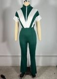 Lapel Zipper Polyester Splicing Flared Jumpsuit For Women