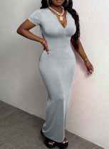 Solid Color Commuter Style O-Neck Short-Sleeved Hip-Wrapped Long Dress