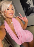 Sexy Solid Color Halter Neck Deep V Neck Revealing Backpack Hip Short Skirt Two Piece Set