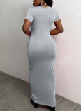 Solid Color Commuter Style O-Neck Short-Sleeved Hip-Wrapped Long Dress