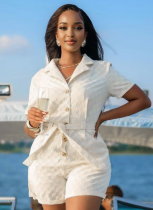 White New Fashion Casual Lapel Tie Temperament Belt European And American Summer Short-Sleeved Jumpsuit Women