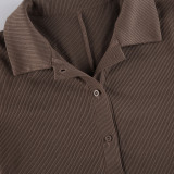 Solid Color Lapel Buttoned Ribbed Tight Csual Jumpsuit