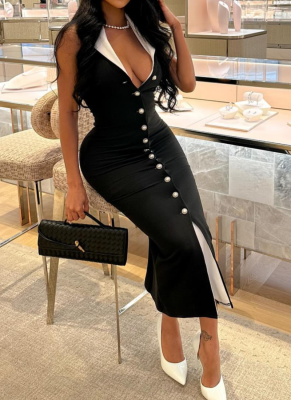Elegant and Classy Contrasting Slim-fit Button Dress